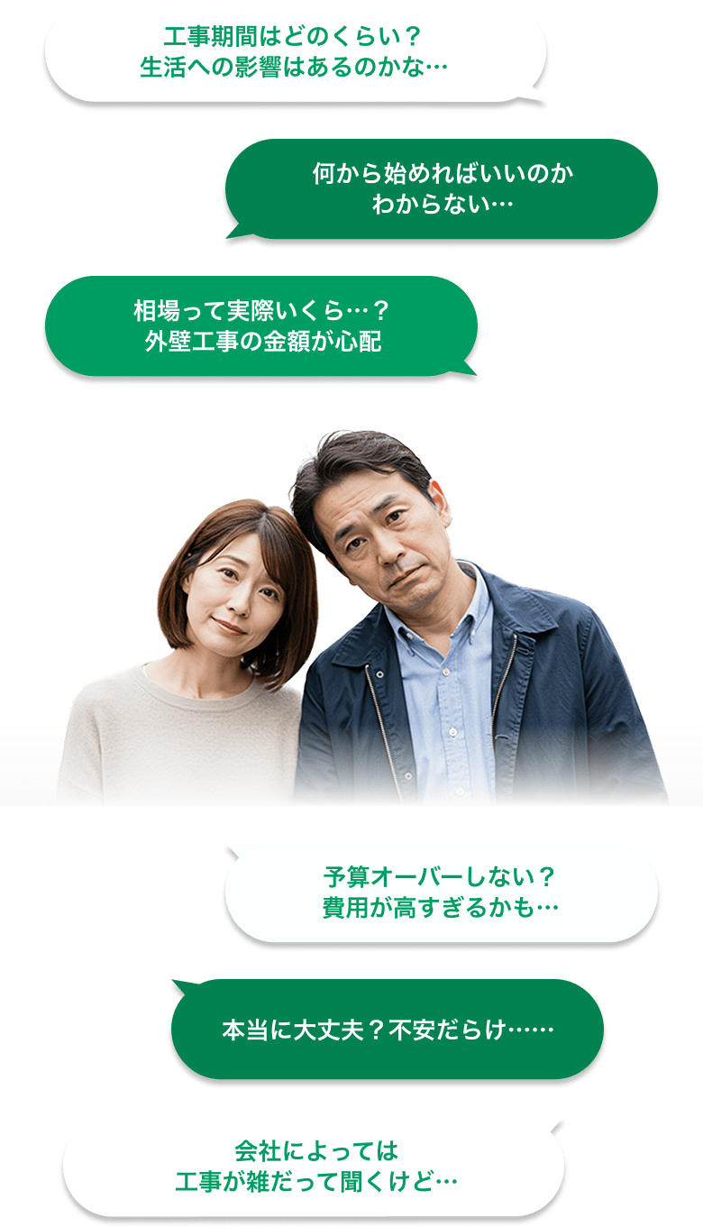 工事期間はどのくらい？生活への影響はあるのかな...。 何から始めればいいのかわからない...。 相場って実際いくら...？外壁工事の金額が心配。 予算オーバーしない？費用が高すぎるかも...。 会社によっては工事が雑だって聞くけど...。 本当に大丈夫？不安だらけ...。